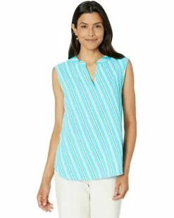 Anne Klein Shirts & Tops Women Bias Stripe Sleeveless Split-Neck Blouse